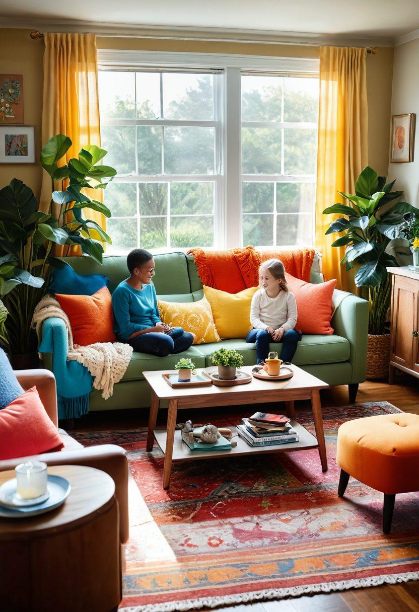 A warm and inviting family living room filled with colorful decor, plush furniture, and cheerful artwork, showcasing a happy family playing together. Sunlight streams through large windows, illuminating vibrant houseplants and playful decor elements. Include cozy elements like knitted blankets and family photos, creating a sense of joy and togetherness. bright colors. super-realistic. warm tones.