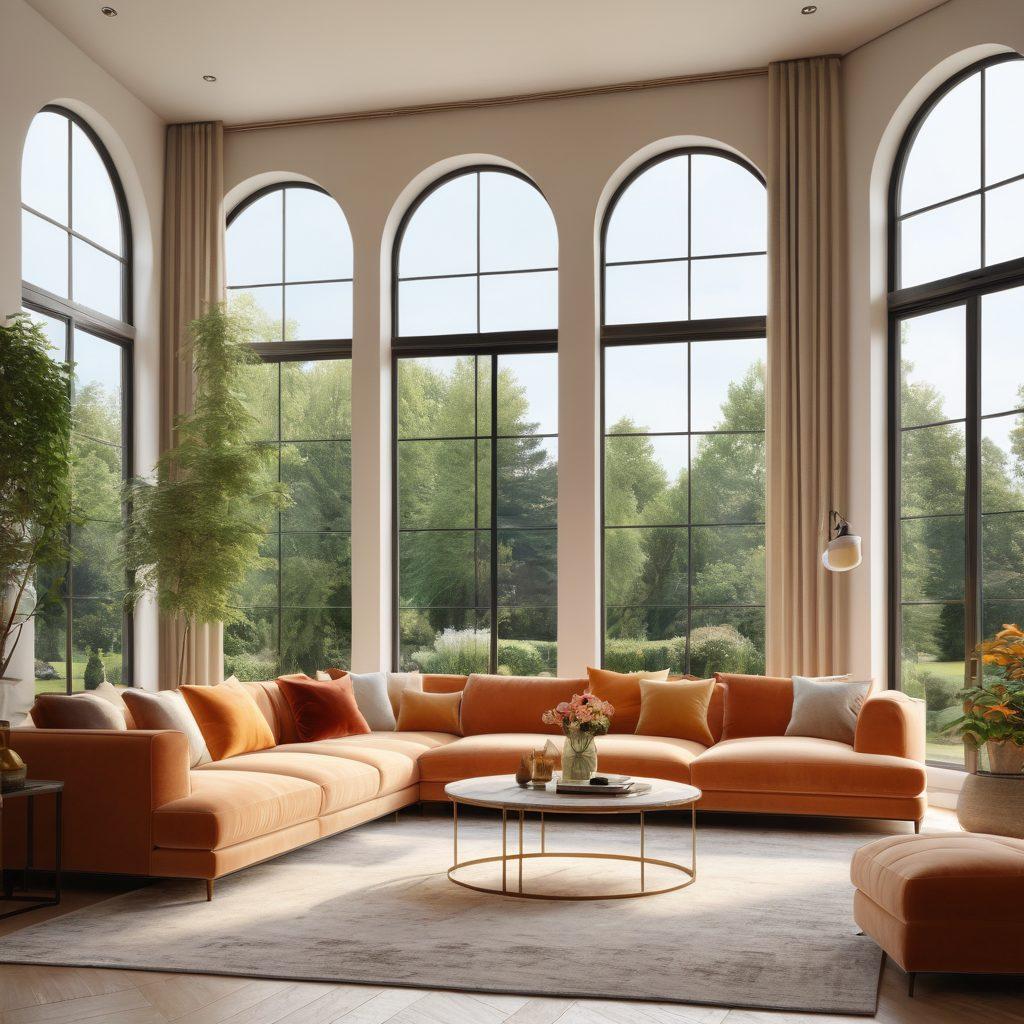 A serene and stylish living room showcasing a harmonious blend of comfort and elegance, featuring plush sofas, elegant decor, and warm lighting. Large windows allow natural light to flow in, with a view of a lush garden outside. Include warm color tones and soft textures to evoke a sense of joy and relaxation. super-realistic. vibrant colors. cozy atmosphere.