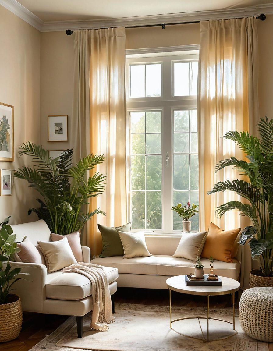 A serene, beautifully decorated room filled with elegant yet affordable decor, showcasing a cozy reading nook by a window, plants enhancing the ambiance, warm sunlight filtering through sheer curtains. The walls are adorned with tasteful art pieces, and a gentle color palette creates a tranquil atmosphere. super-realistic. vibrant colors. soft lighting.